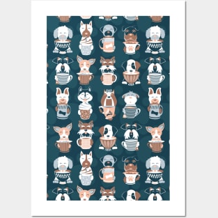 Doggie Coffee and Tea Time 2 // pattern // navy blue background Posters and Art